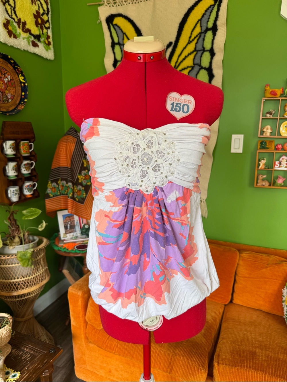 le chateau White Strapless Tank with Purple and Pink Floral Print and Lace